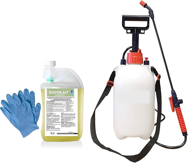 Rootblast 360 5L Pump Sprayer Glyphosate Weedkiller 1L with integral measuring device Pair of Gloves 1L makes up to 50L