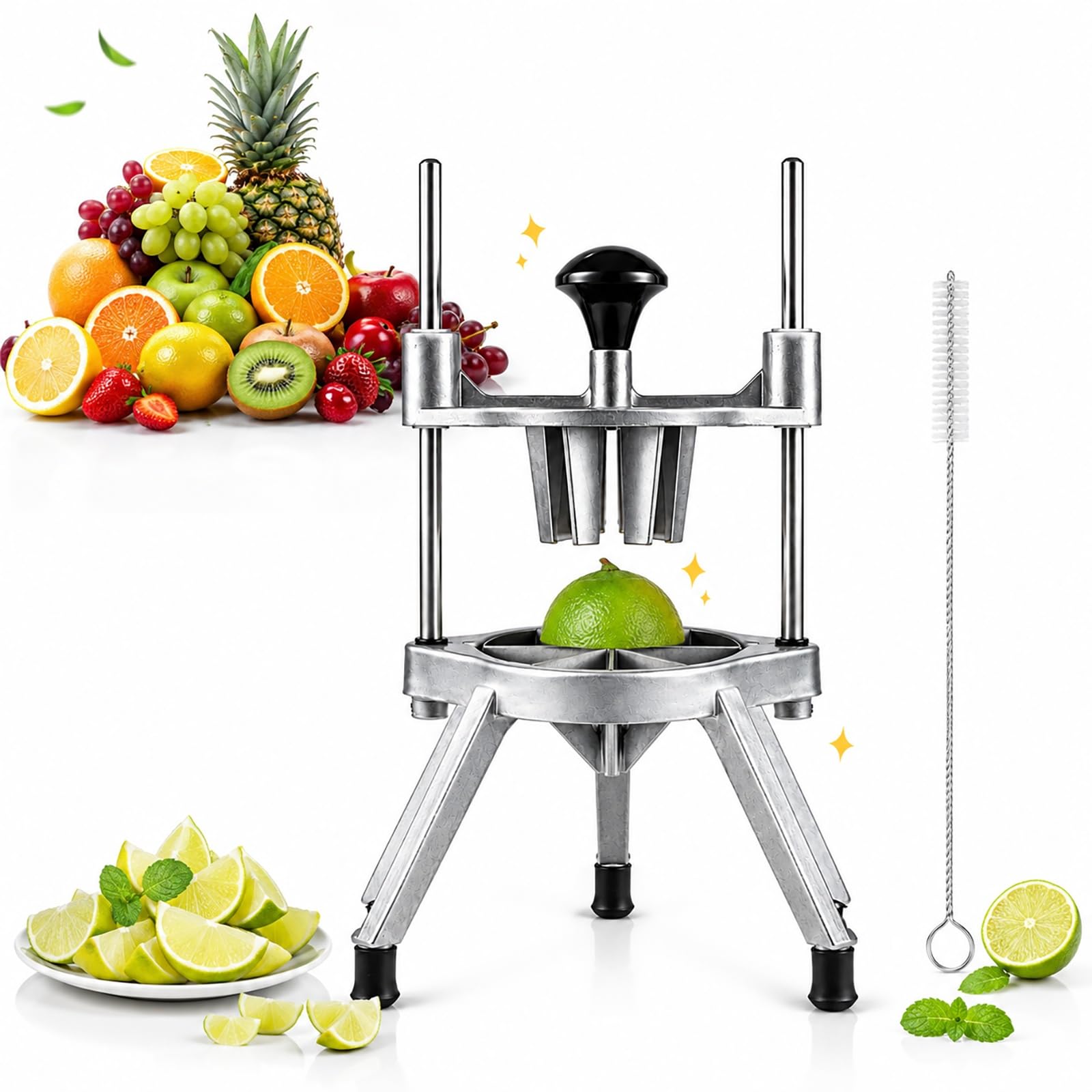 Cortadora de limón Comercial Resistente, Cortador de cítricos de Acero Inoxidable en Forma de V de 6 Secciones para Bares y restaurantes, Cortador de Fruta portátil con Cepillo de Limpieza