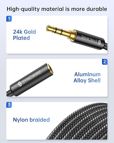 Miniatura 4 de Syncwire Cable de extensión de auriculares de 6 pies sonido de alta fidelidad conector chapado en oro TRS de nailon trenzado de 0.138 in macho a