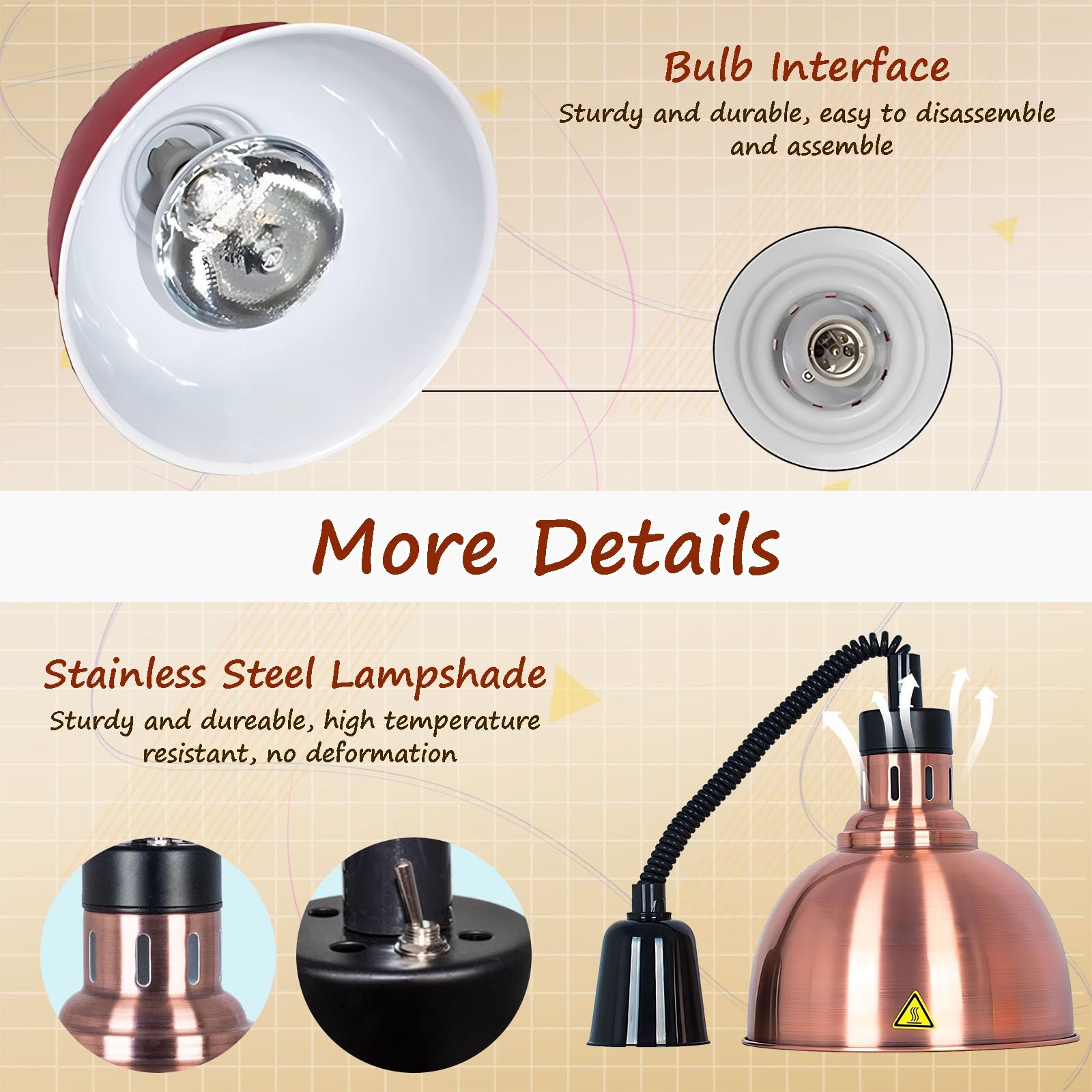 Lampada Riscaldante per Alimenti, Sospeso Lampade Scaldavivande Cucina, 19cm/25 cm Lampade Riscaldanti Cucina Regolabile per Buffet e Hotel(Rame Colore-25cm, 3 Pezzi)