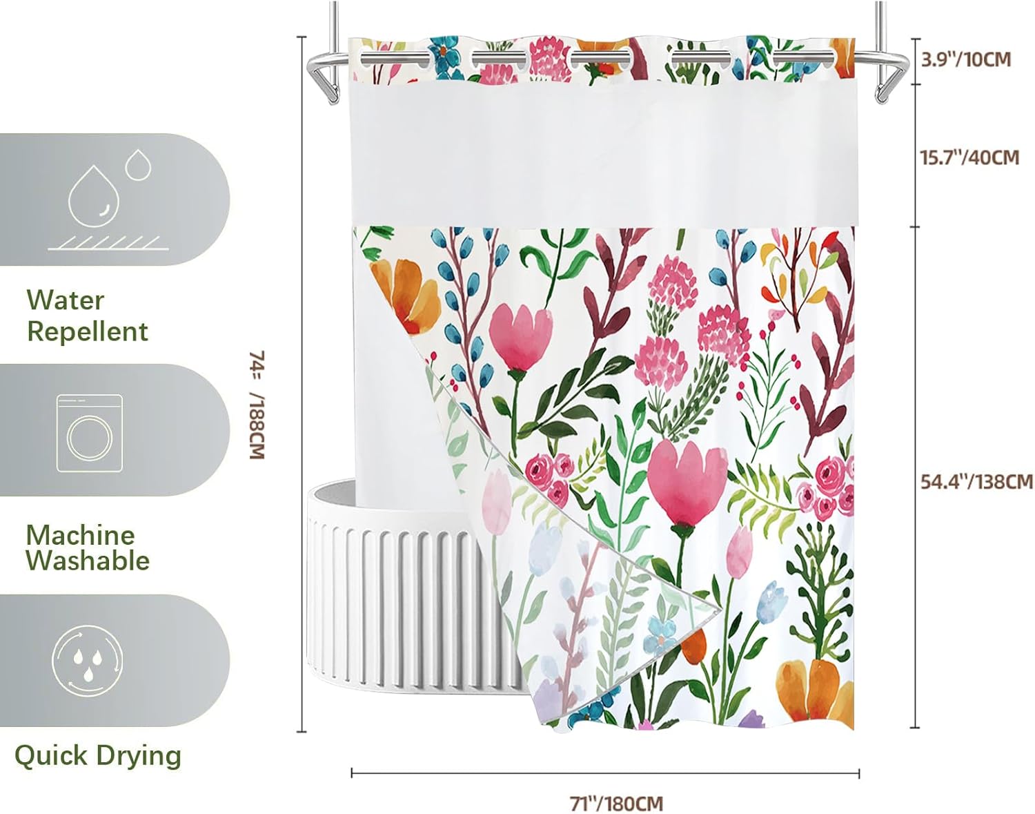 No Hook Shower Curtain with Snap in Liner Floral Watercolor Shower Curtain Set Hotel Style Double Layers Waterproof Fabric for Bathroom with See Through Top Window,Pink Flowers Green Plants,71"×74"