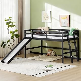 VINGLI 47 Inches Medium High Loft Bed with Slide, Space Saving Kids Low Loft Bed Twin Size with Guardrail and Flat Ladder, Pine Wood Bed Frame for Boys and Girls, Black