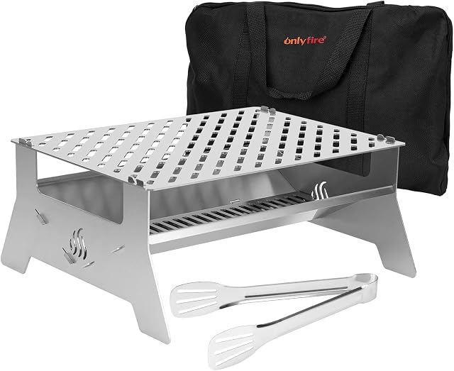 Onlyfire Portable Barbecue Grill, Stainless Steel Charcoal BBQ Detachable Grilling System with Tongs & Cover for Outdoor Picnic, Camping, Travel 14"x12.2"x6"