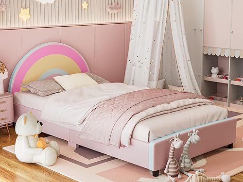 Miniatura 1 de IKIFLY Cama para niños de tamaño individual base de cama tapizada con plataforma individual con cabecera curvada cama de princesa rosa para niñas