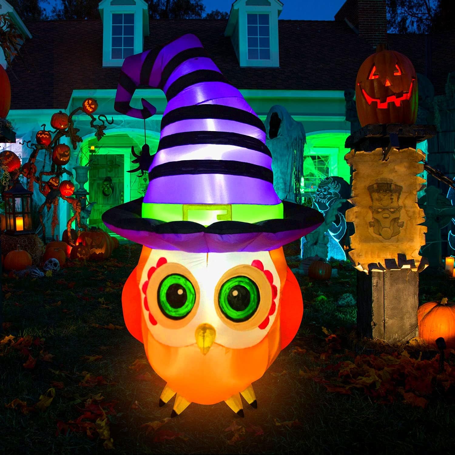 XL Halloween Decorations Inflatables 6’ Hootie the Wizard Owl Yard Blow Up for Halloween Decorations Outside, 6’ Tall x 4’ Wide x 4’ deep, by HappyThings!