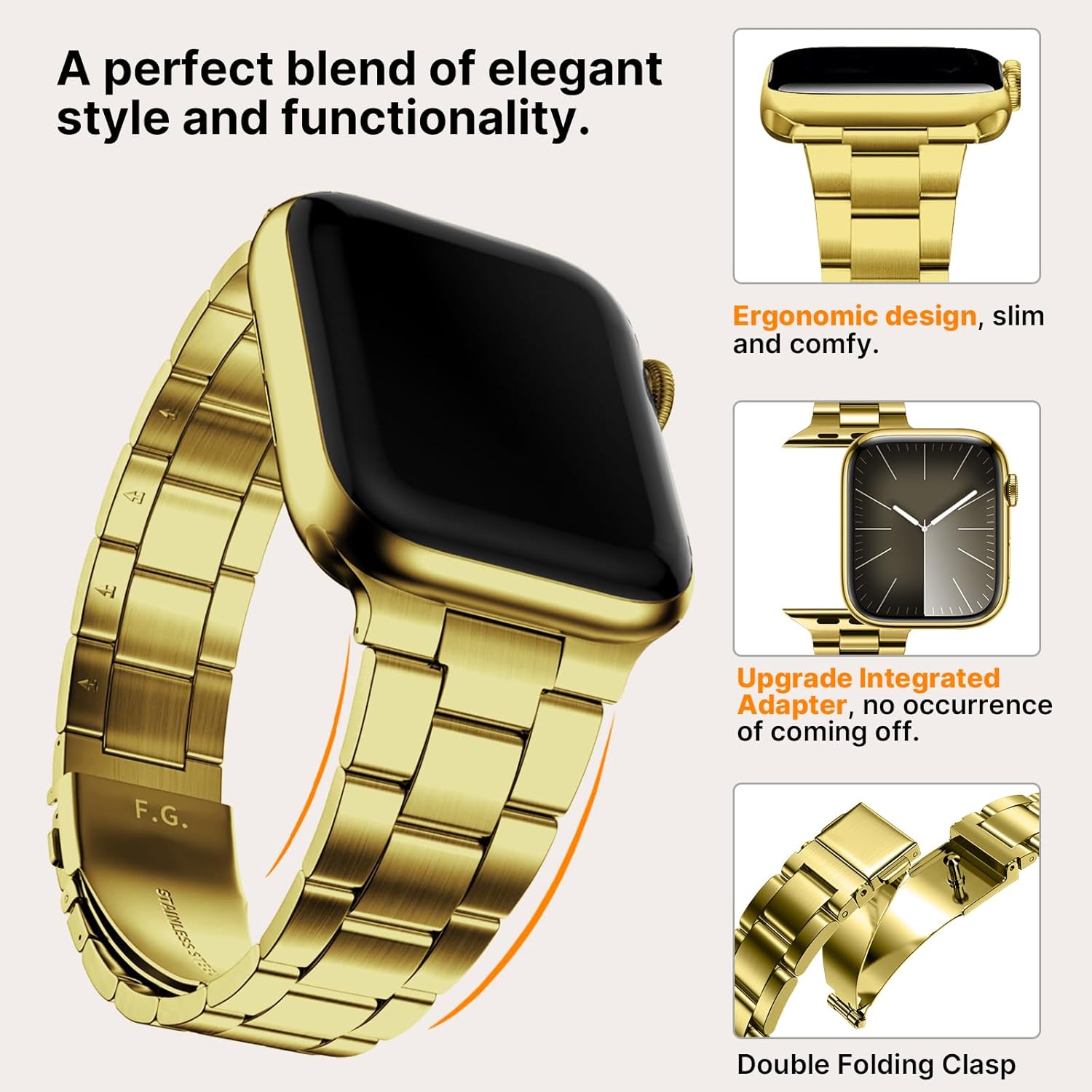 Fullmosa No Tools Needed Compatible with Apple Watch Bands for Women Men 41mm 40mm 38mm, Metal Strap with Case for iWatch Series 9 8 7 6 5 4 3 2 1 SE3/2/1, Golden - Image 3