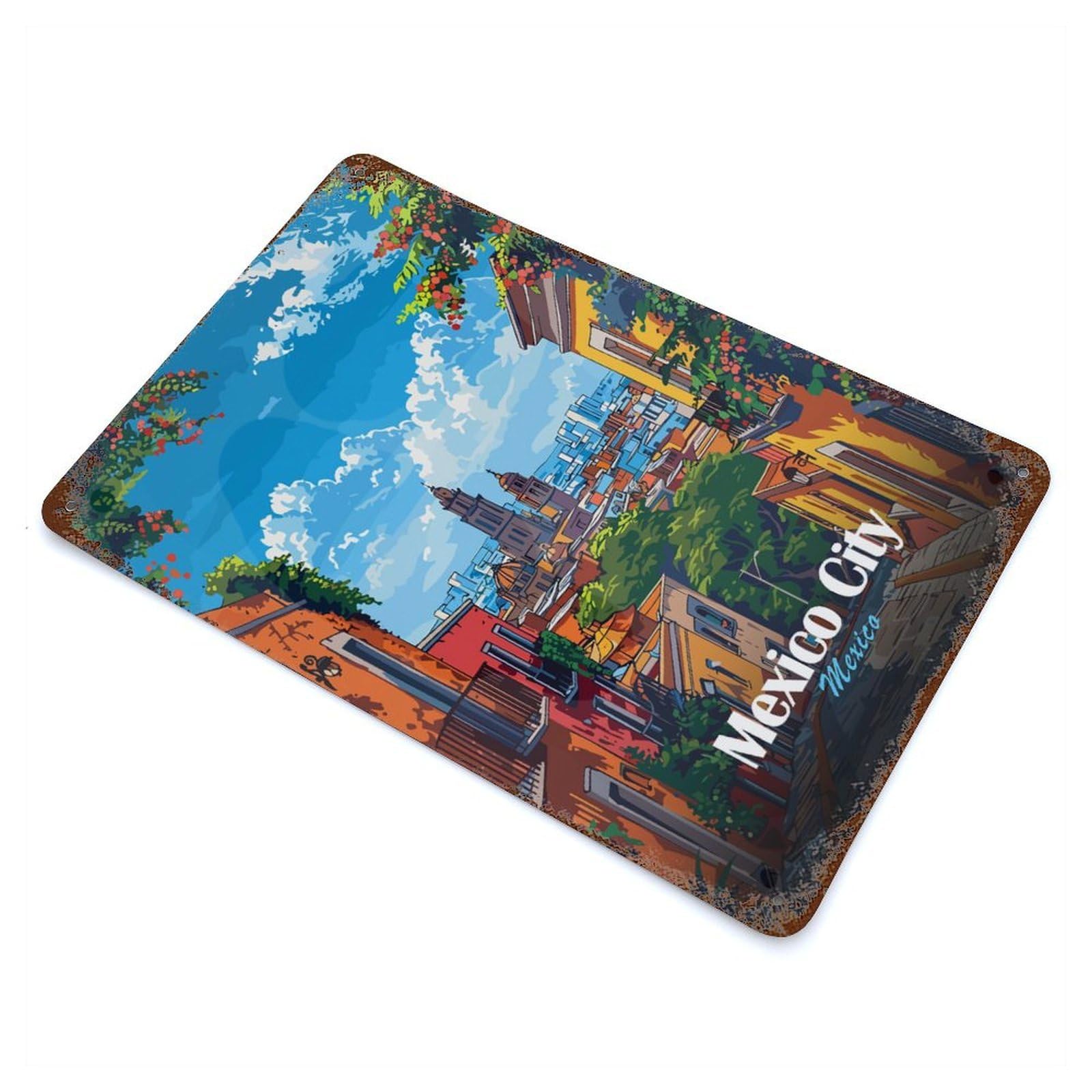 Mexico City Skyline Weathered Tin Sign 11.8"x7.9", Vintage Wall Decor for Garage, Pub Or Kitchen