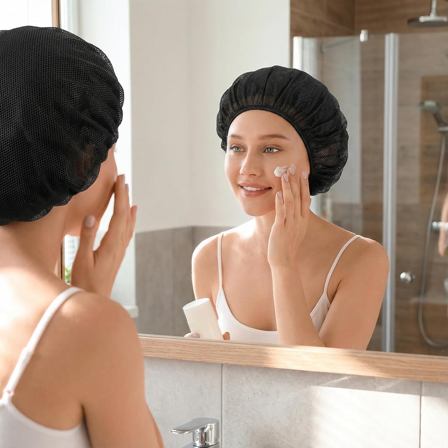 Qianyu 4 Pcs Mesh Hair Net Sleeping Bonnets Night Hair Nets Cap Colorful Plopping Polyester Cap Hairnet Snoods Wrap Bath Clean Wash Face Protector for Women Drying Curly Long Natural Straight
