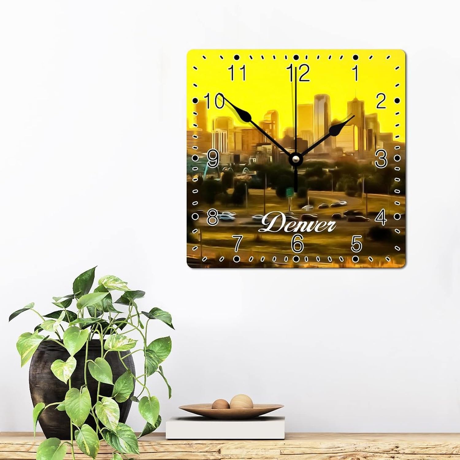 Colorado USA Cityscape Square Wall Clock Denver Travel Clock Large Wall Clocks Battery Operated 12 Inch Silent Non-Ticking Modern Home Decor Wall Decor for Home Kitchen Office School Bathroom