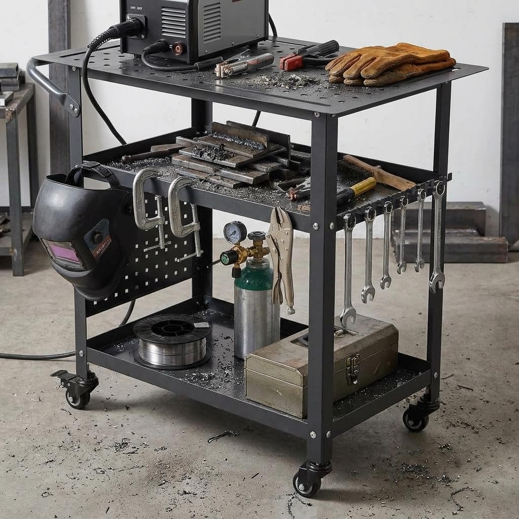 Heavy-Duty Welding Table with Wheels, 36"X24" Portable Welder Workbench with 5/8" Fixture Holes & Storage Panels for Shop & Workshop | Mobile Welding Station & Fabrication Table