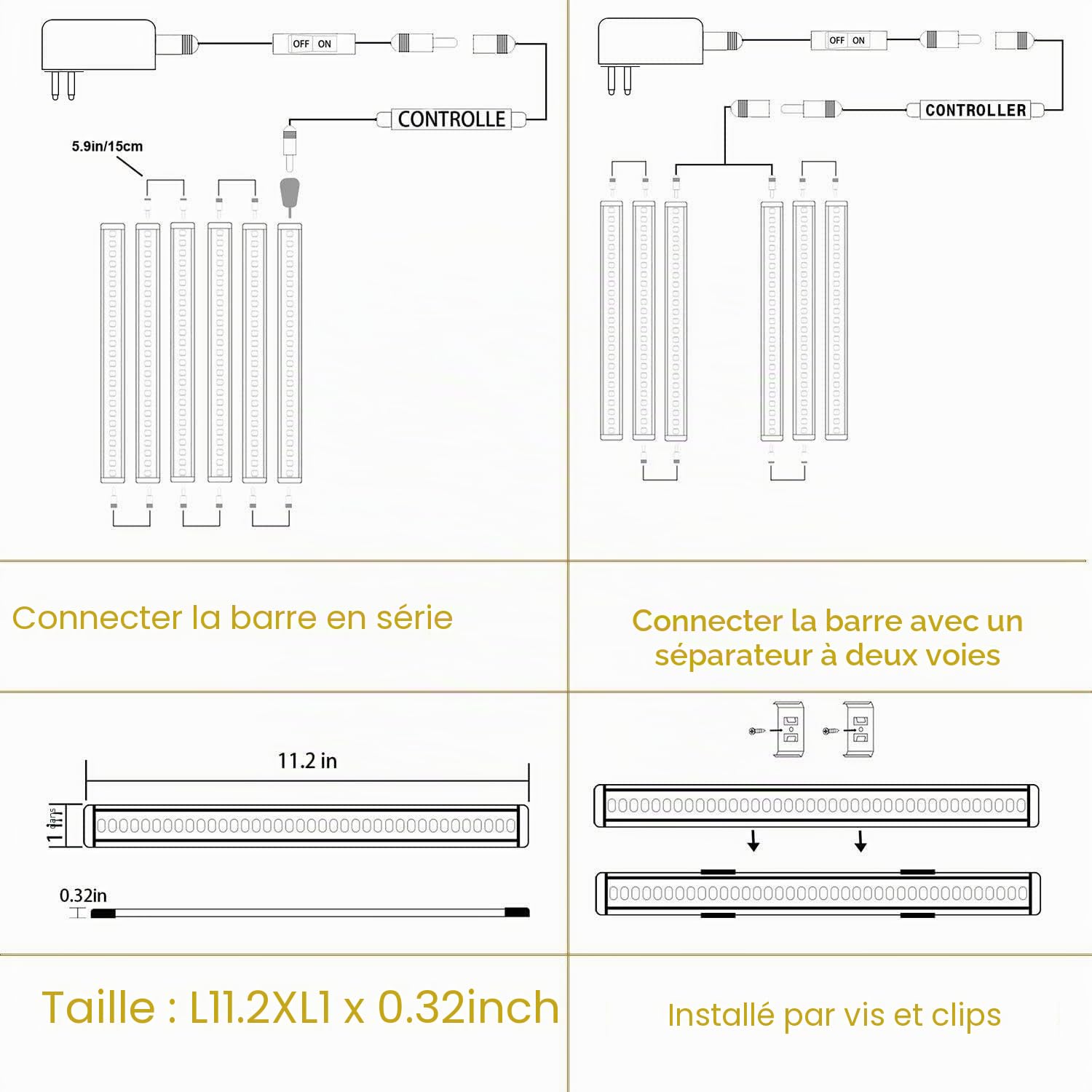 AIBOO Gradable Lot De 6 Barre LED Avec Interrupteur, Cuisine Sous Armoire Lumière, Lampes de Bar de Cuisine avec Gradateur à Cadran pour Comptoir,Garde-robe,Éclairage de Placard (Blanche Froide6000K)