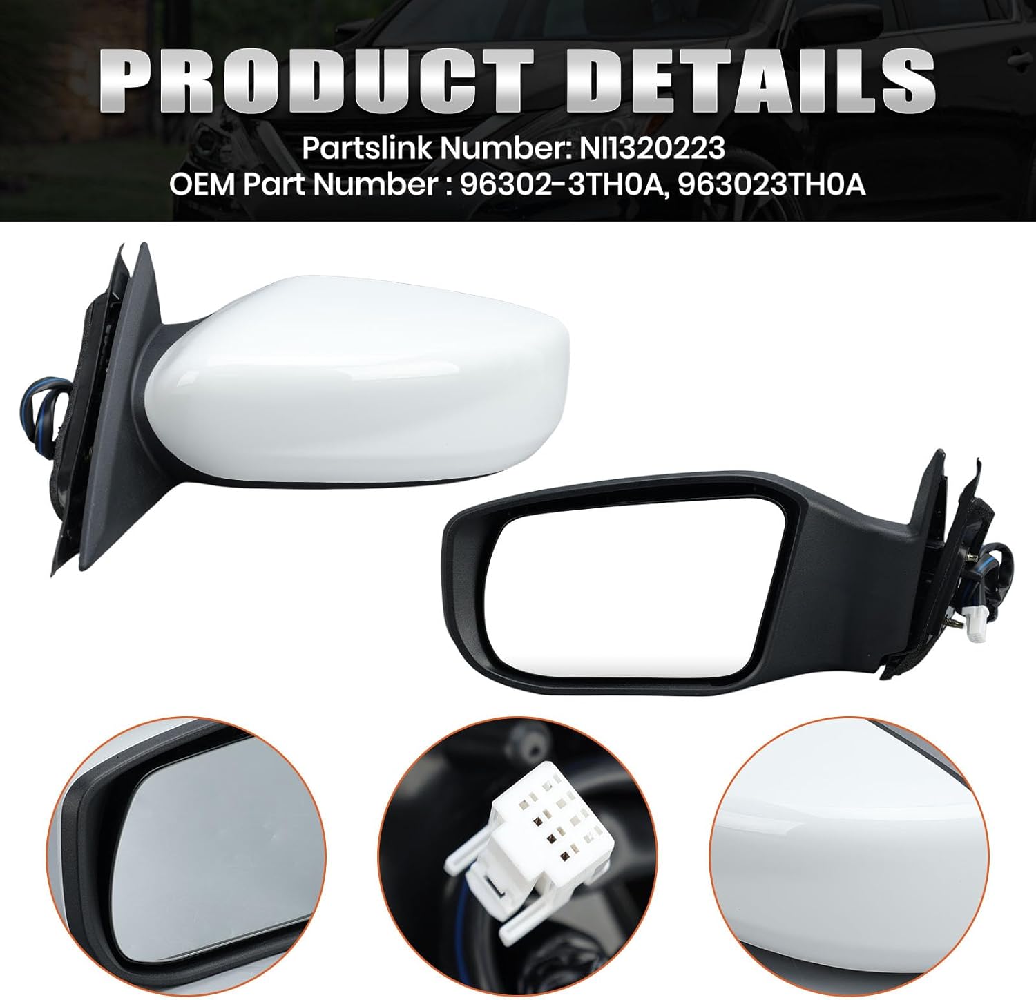 Left Driver White Side Mirror Compatible with Nissan Altima 2013-2018 Sedan Power Glass/Non-Folding/Non-Heated Door Mirrors Outside Rear View Mirror Replace# 963023TH0A