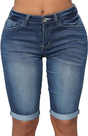 roswear Womens Mid Rise Roll Cuff Bermuda Stretch Denim Jean Shorts