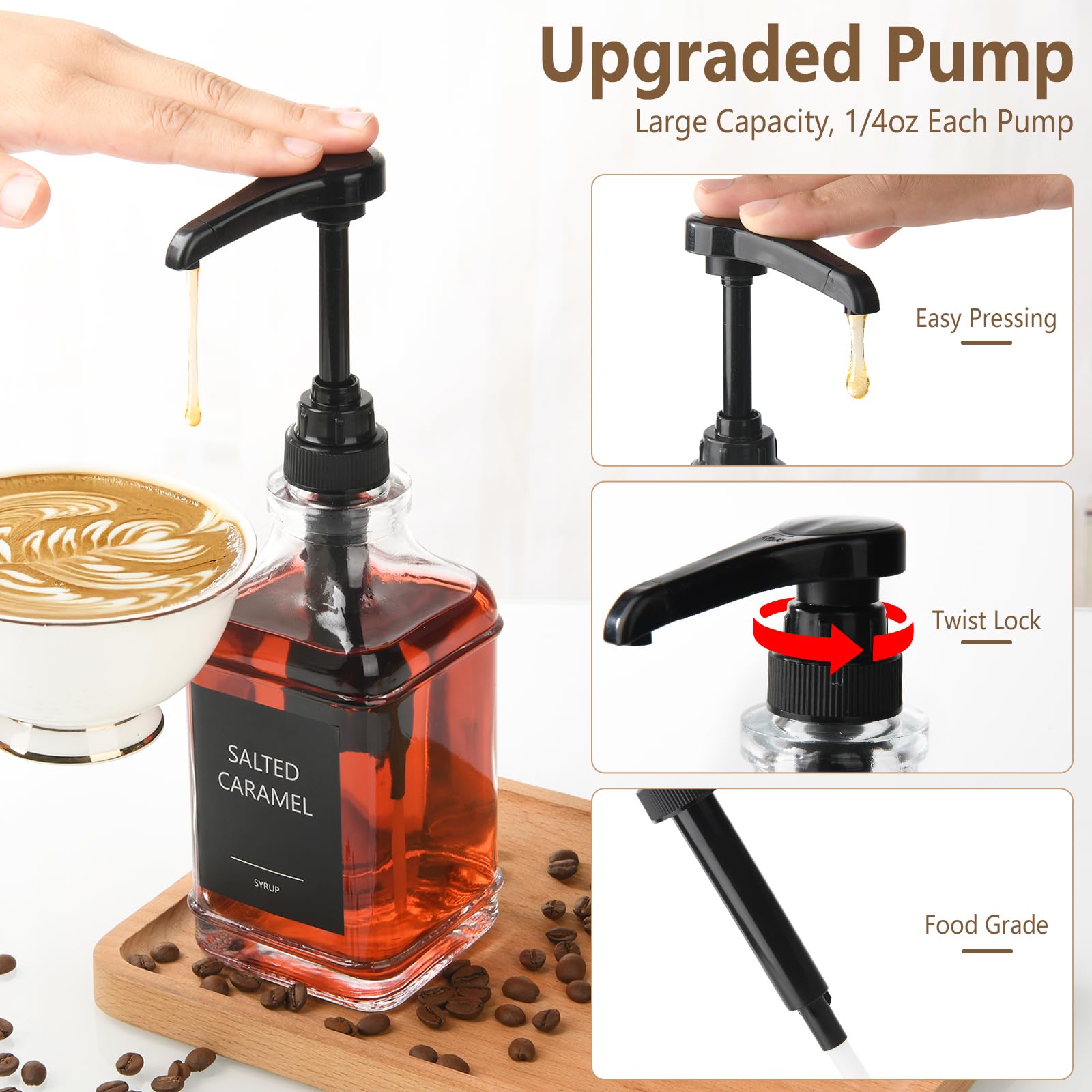 YBCPACK Kaffee Sirup Spender 3er Set 500ml, Auslaufsichere Pumpspender Sirup Glas mit Etiketten, Sirup Flaschen zum Befüllen für Kaffeebar und Küche