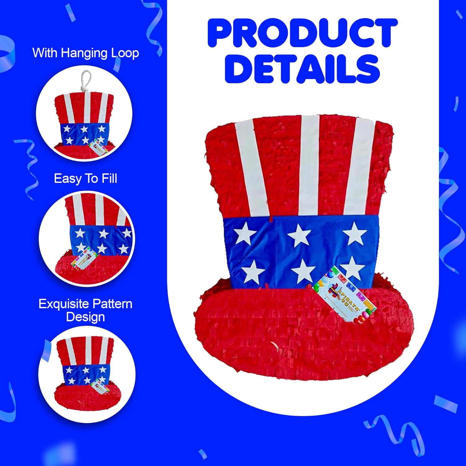 APINATA4U Patriotic Hat Pinata (17.5x13.5x3.5 Inch) - Red, White & Blue Glory for July 4th and Veterans Party Independence Day Celebrations! Includes Stick and Mask for Extra Fun!