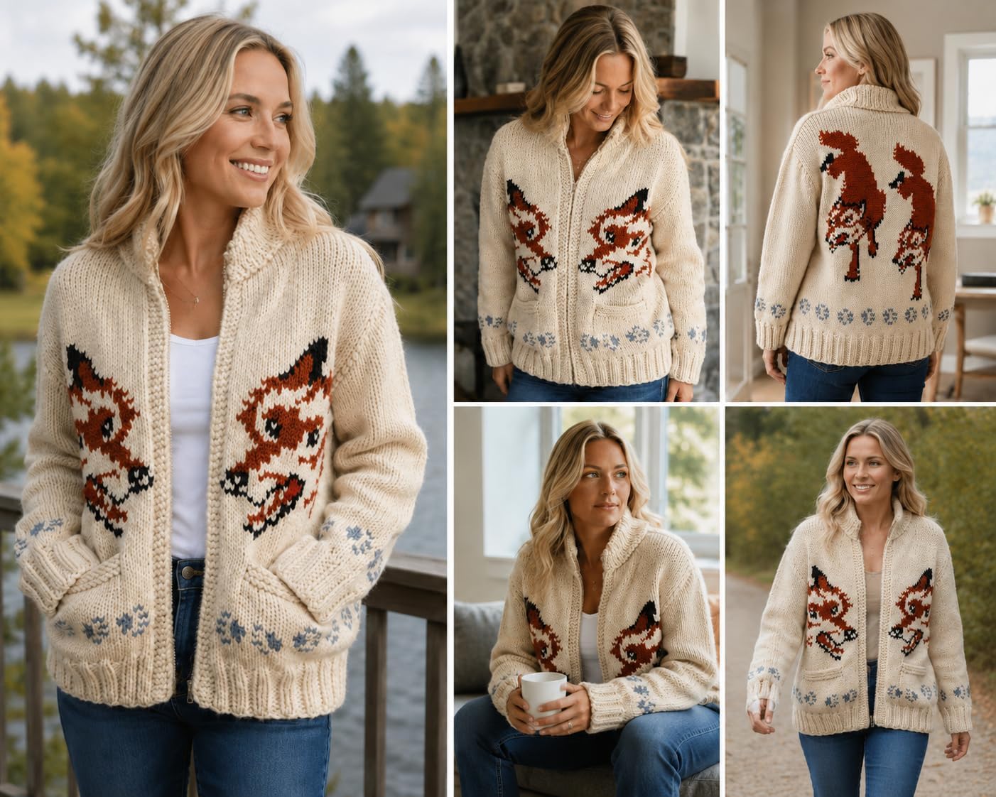 Wolf Fox Cardigan Sweater for Men Women, Canadian Style Jacquard Knit Zip Up Sweater