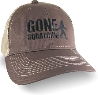 Gone Squatchin Humorous Sasquatch Bigfoot Silhouette Black Embroidery on an Adjustable Brown Trucker Style Ball Cap