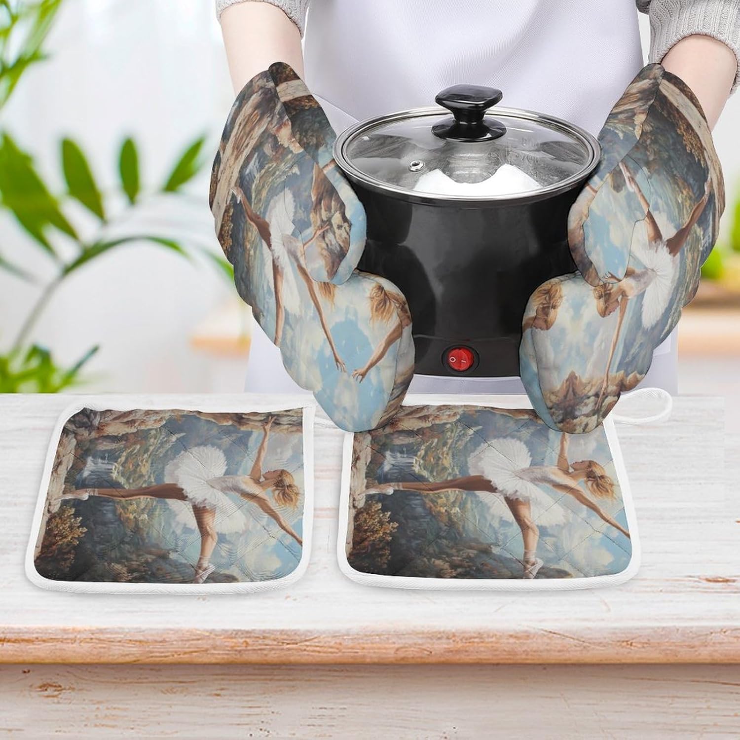 Ballet Dancer Ballerina on The Cliff Oven Mitts and Pot Holders 4Pcs Set Heat Resistant Cooking Mitts Hot Pads