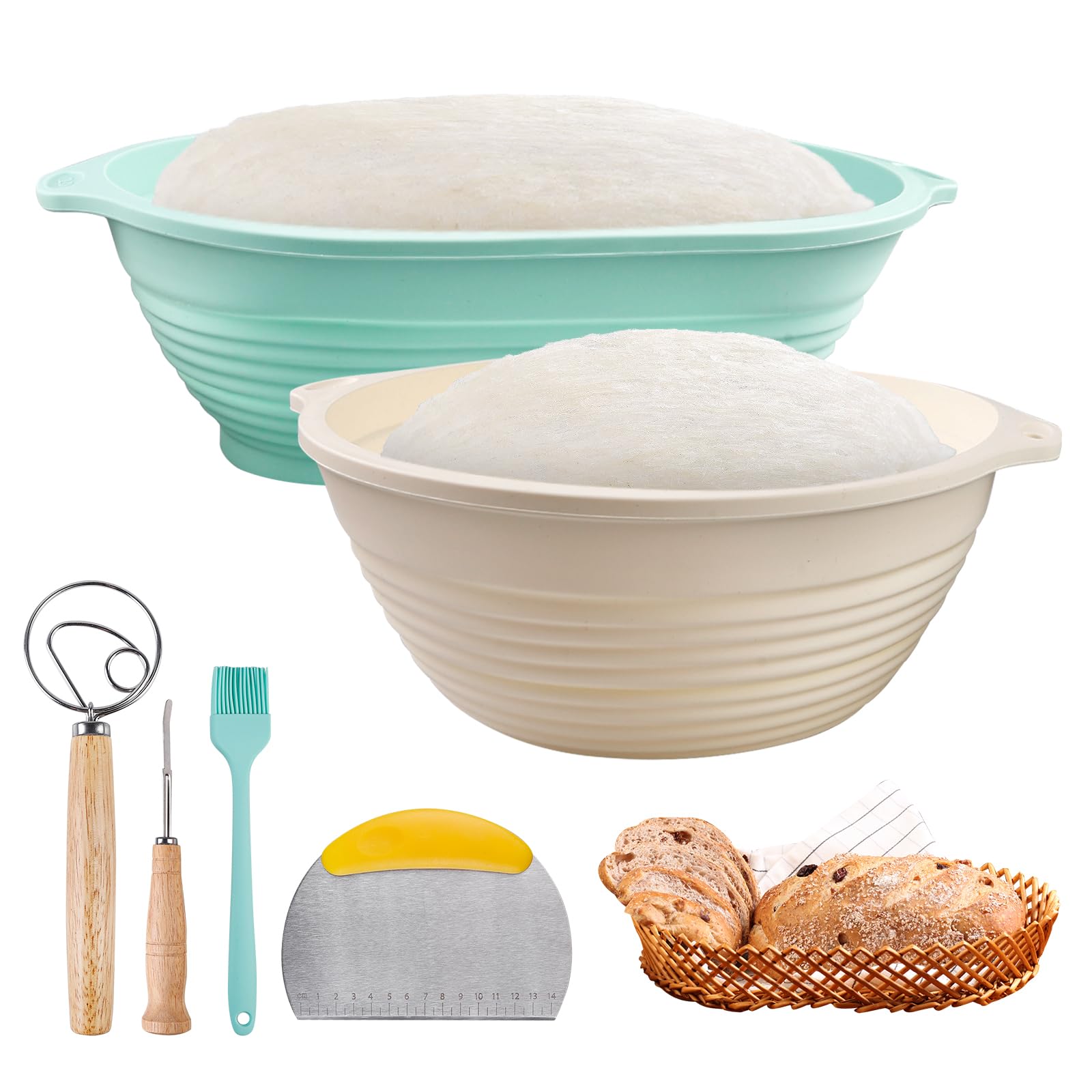 Fermentatiemandje, ovaal, set van 2 ( 25 cm), natuurlijke rijsmand met banneton-proofing, broodvorm, ovaal met 5 scheermesjes, bakkersmes linnen inzetstuk deegschraper voor huisbakkers, brood