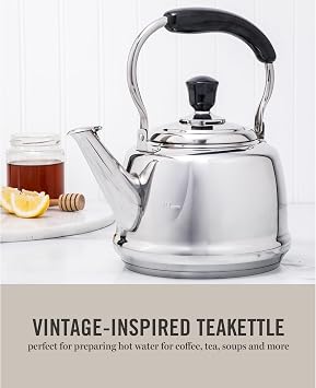Martha Stewart Kingstree Large 2 Qt Stainless Steel Tea Kettle Heavy Gauge Durable Whistling Tea Kettle for Stove Top, Easy Pour, Classic Design
