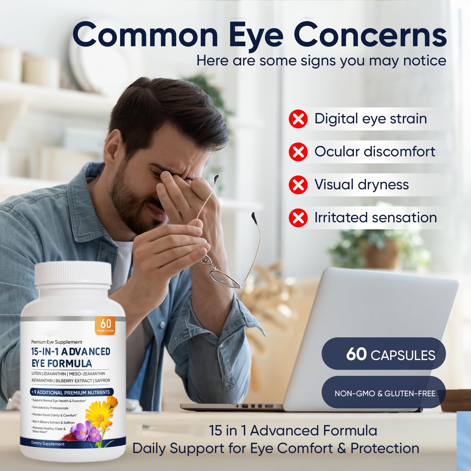15 in 1 Advanced Eye Formula - Eye Vitamins Formula with All 3 Carotenoids, Lutein & Zeaxanthin, Bilberry Extract and Saffron,60count(1) — Amazon image 2