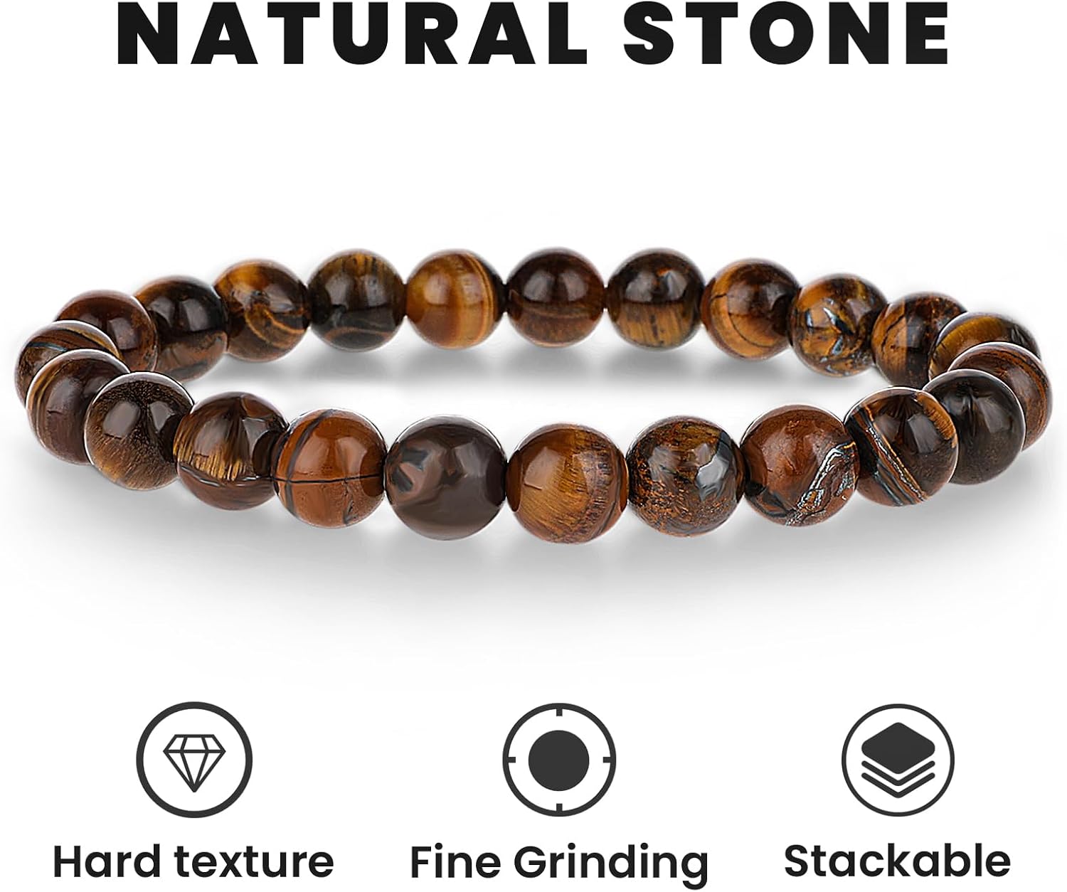 3Pcs Beaded Bracelets for Men – 8mm Beads Stretch Elastic Spiritual Bracelets Jewelry Gift for Men Women Black Obsidian, Hematite, Tiger Eye Stone - Image 3