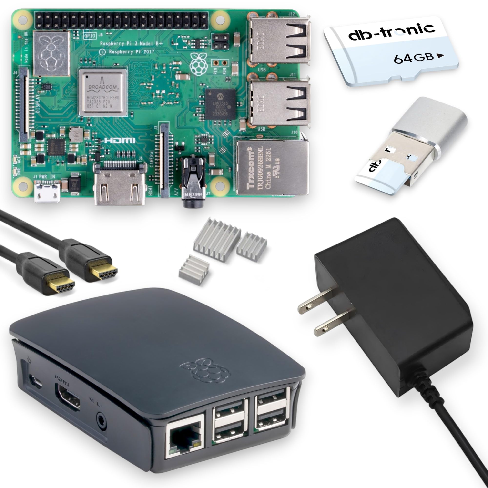 Raspberry Pi3 B+ 1GB Starter Kit | 64GB Edition | Power Supply | Oficial Case| 4K Micro HDMI Cable 1m | Heatsink | USB-Reader