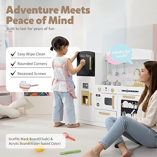 Miniatura 4 de Juego de cocina de simulación para niños, juego interactivo de madera con diseño realista, fregadero, microondas, máquina de hielo, lavavajillas,