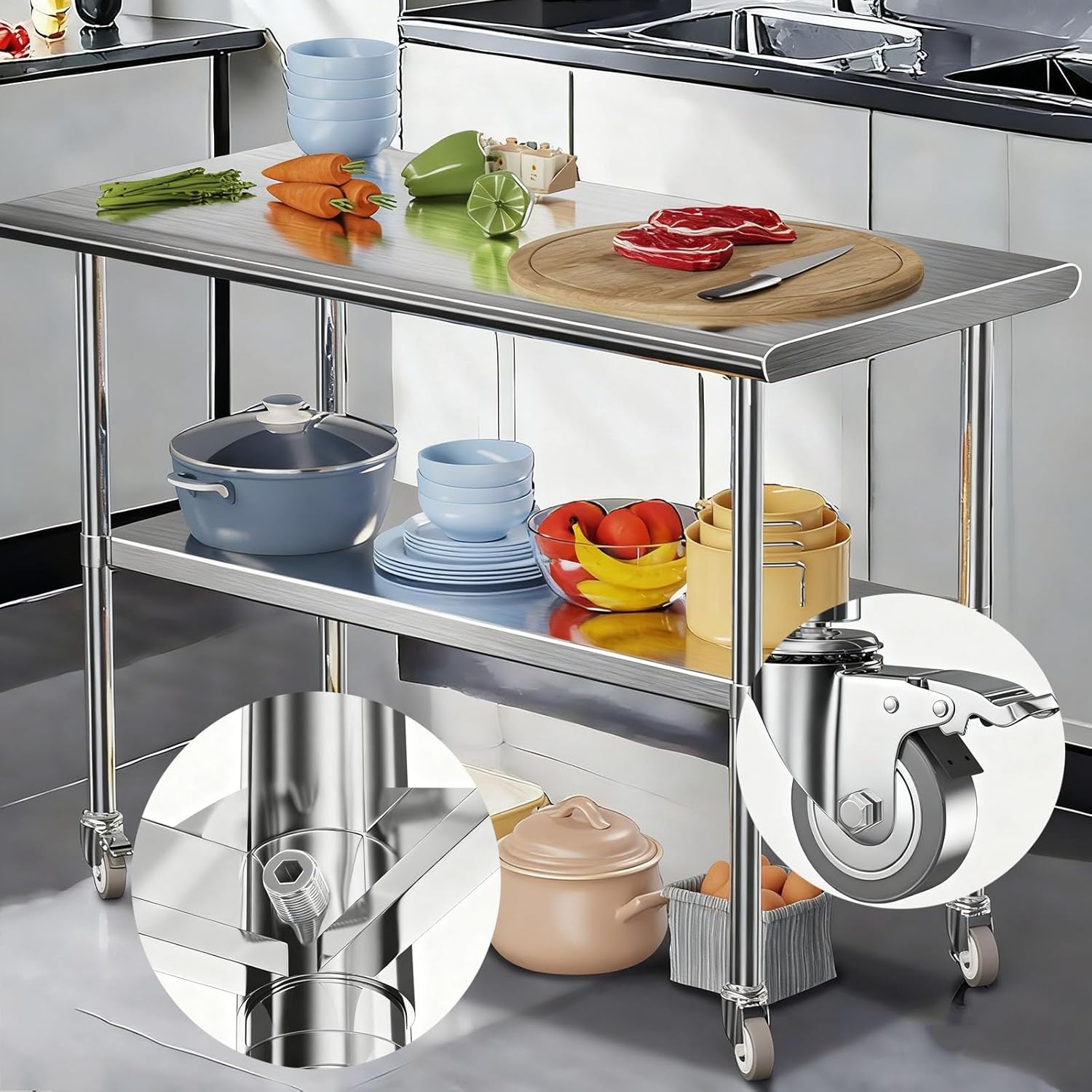 Mobile Curved Workbench with Casters Dual-Tier Kitchen Countertop Versatile Open Storage Rack Worktable Adjustable Shelves for Easy Installation Metal Prep Table(76x61x89cm/29.9x24.0x35”)