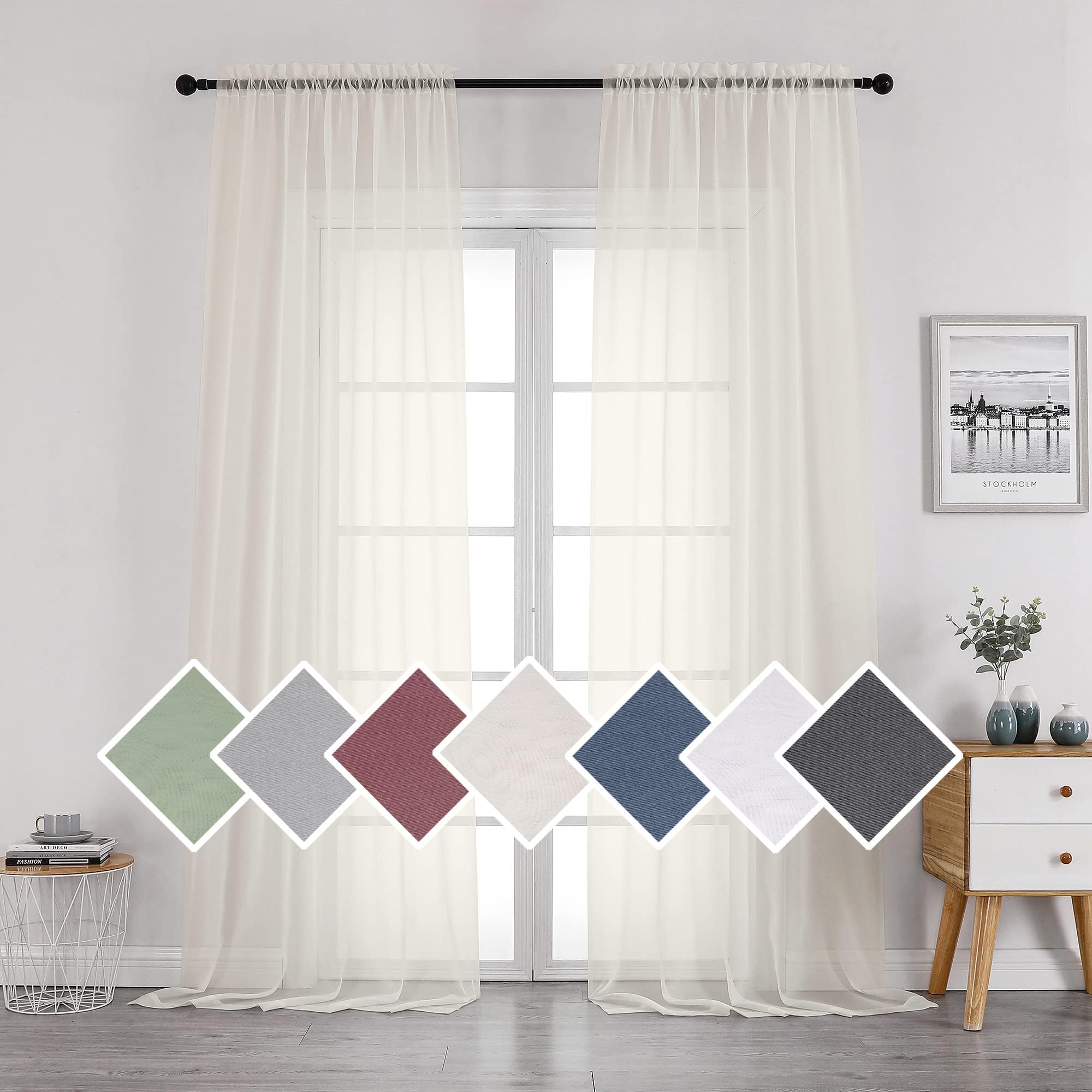 OVZME Sheer Ivory Curtains Light Filtering Window Drapes for Living Room Bedroom and Wedding Party, Voile Nice Vertical Sense Sliding Glass Door, Per Panel 42 by 96 Inch, Set of 2 Pieces