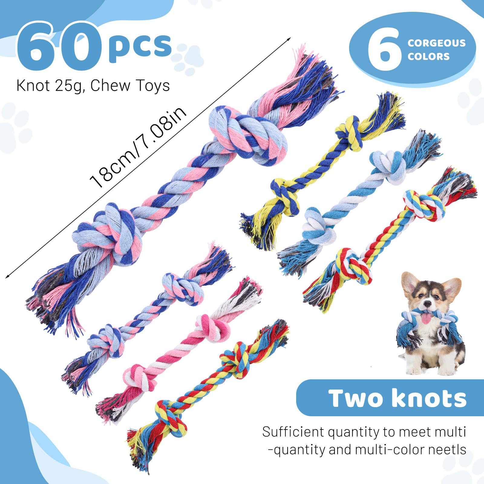 Hundespielzeug, Baumwollseil, robustes Hundespielzeug, mehrfarbige Seile, Spielzeug für Hunde, Hundezubehör für kleine und mittelgroße Hunde, Welpenzubehör (mehrfarbig, 18 cm)