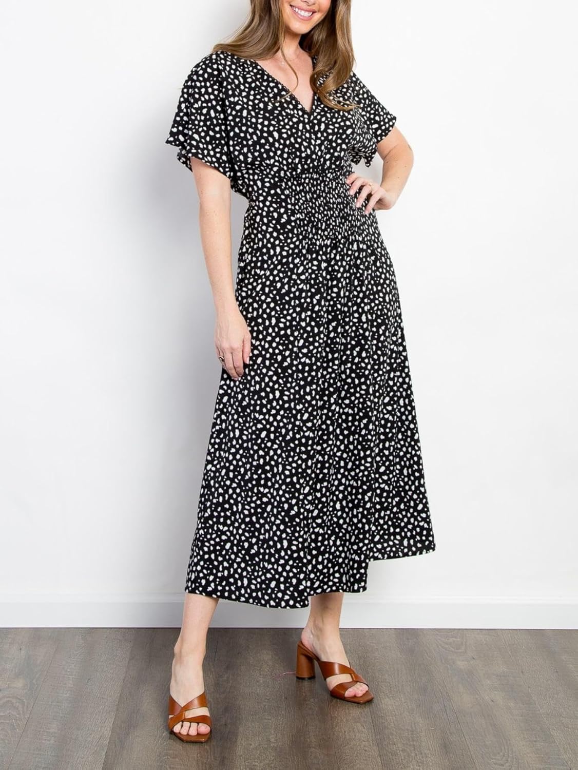 Womens Polka Dot Wrap Maxi Dress, Black with White Dots, Short Flutter Sleeves, V-Neckline, Adjustable - Image 2