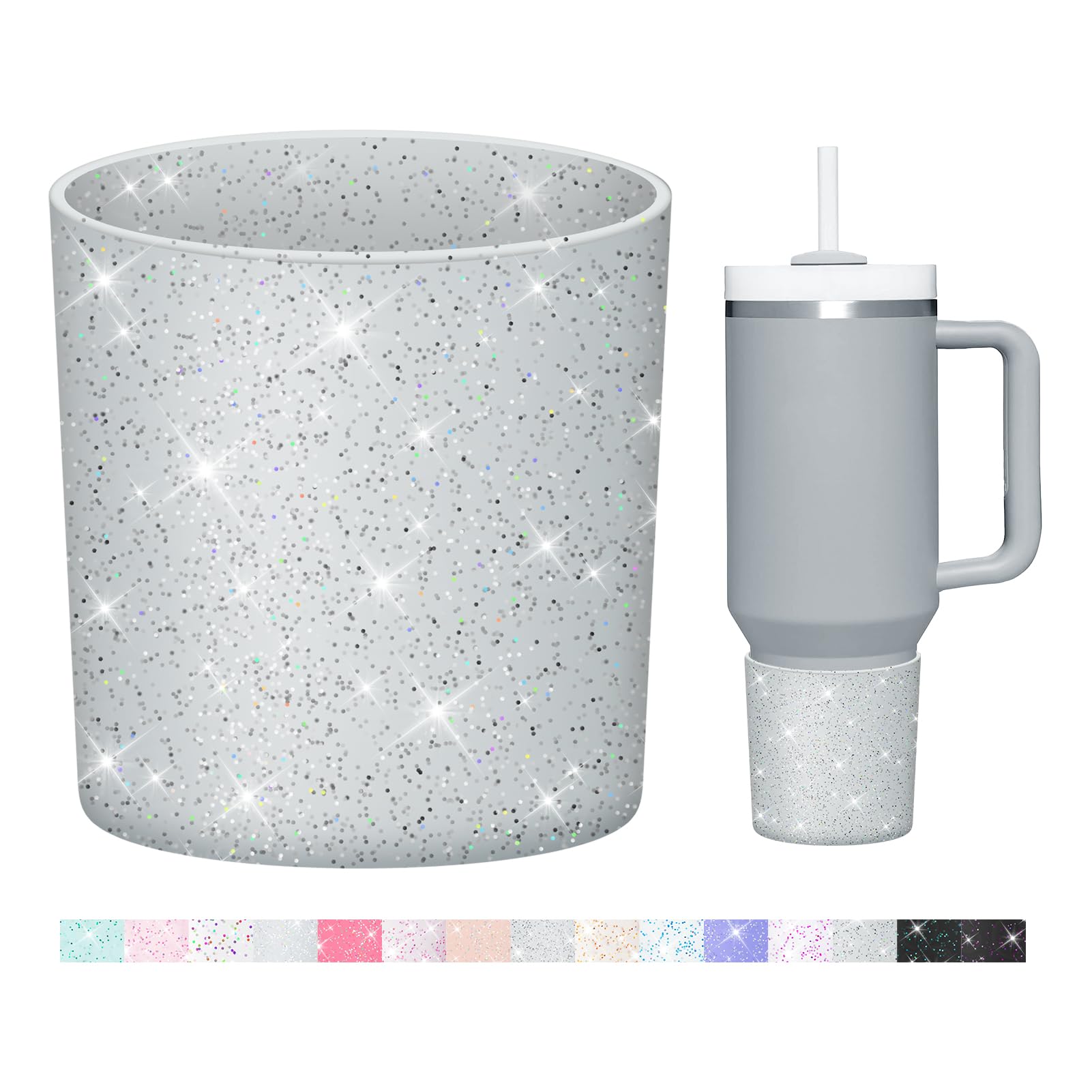 WUQID Glitter Higher Silicone Boot Compatible with Stanley Quencher H2.0 40oz 30oz 20oz & IceFlow Flip 30oz 20oz, Tumbler Cups Anti-Slip Bottom Sleeve