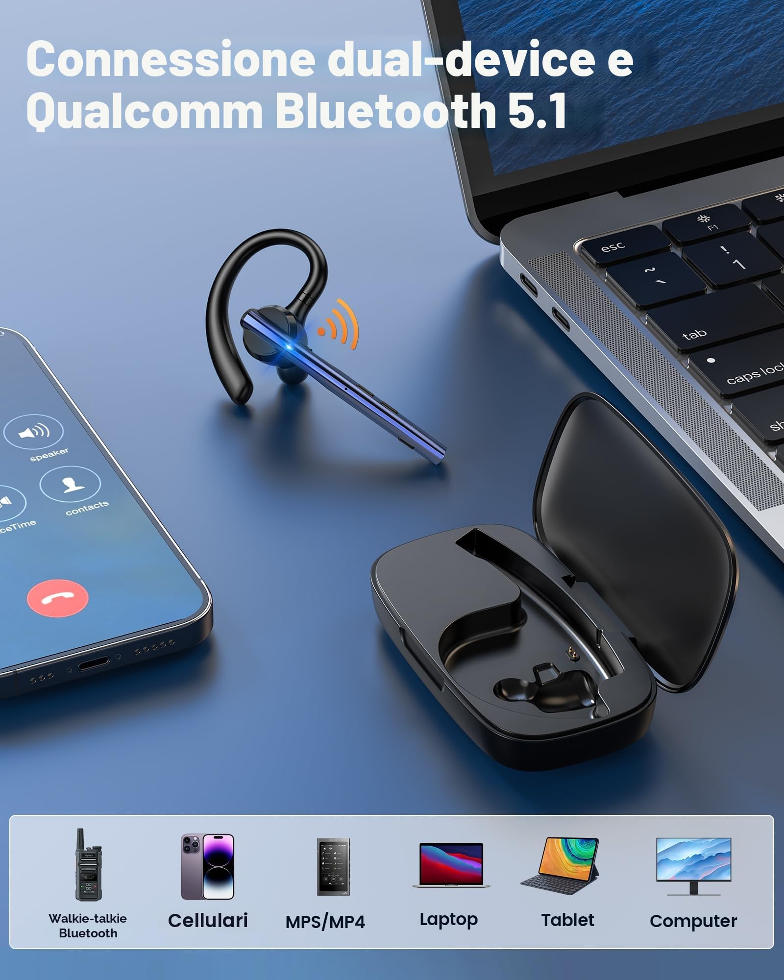 New Bee Auricolare Bluetooth Singolo V5.1 con 72 Ore di Conversazione CVC8.0 Auricolari Bluetooth Mono con Doppio Microfono con Custodia di ricarica a LED per iPhone, Android e Laptop