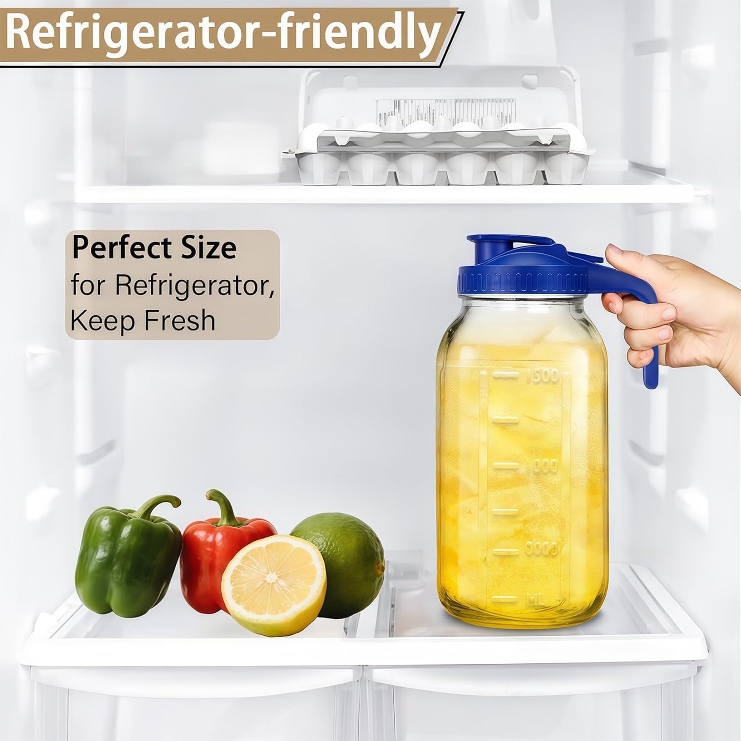 Blue 2 pack 64oz Glass Pitcher with Handle and Lid, 2 Quart Mason Jar Pitcher - Airtight & Leakproof Water Jug with Pour Spout Lid, Glass Containers for Fridge, Perfect for Juice, Cold Brew, Iced Tea