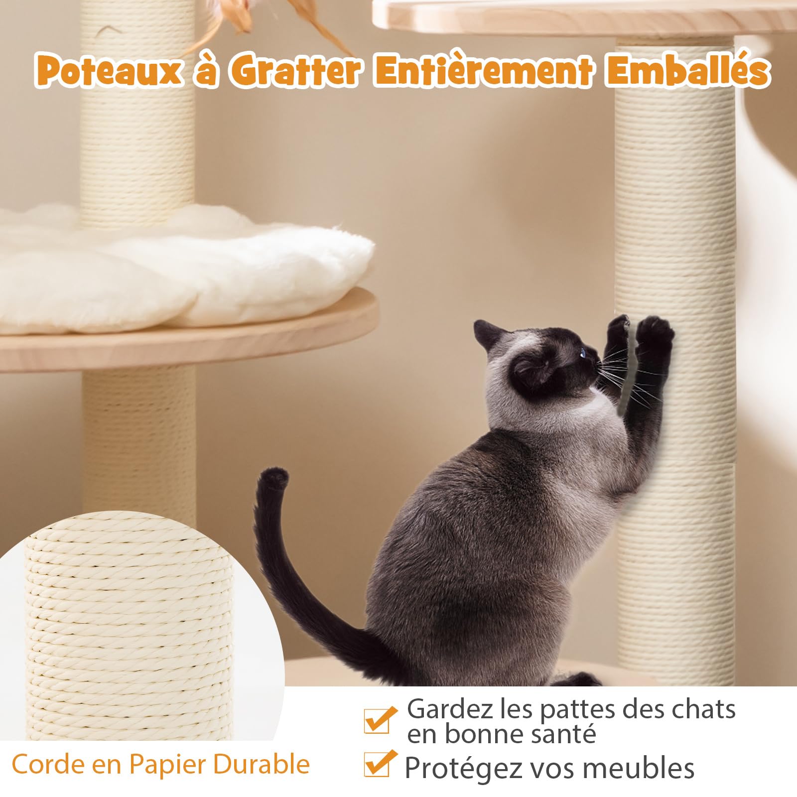 COSTWAY Arbre à Chat en Bois Convertible 4 en 1, Grande Tour à Chat 146 CM en Blocs de Construction avec Condo, Hublot et Griffoir, Centre d’Activités pour Chaton avec Jouet Suspend, Bois de Chêne