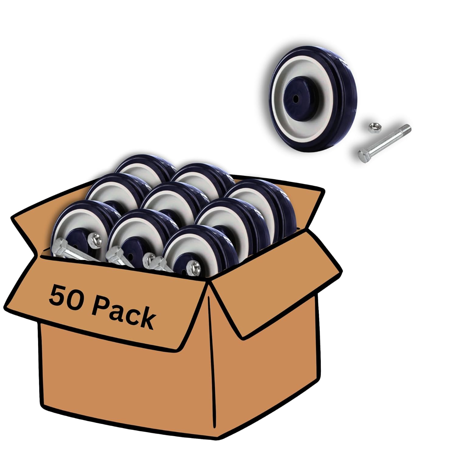 5" x 1-1/4" Polyurethane Caster Wheels Set - Blue on Tan, 50 Pack with Hardware Included for Shopping Carts and Mobile Equipment - 250 lbs Capacity Each
