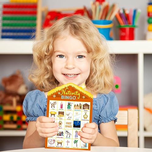 Miniatura 7 de Fancy Land Nativity Bingo Game for Kids 24 Jugadores Christmas Stable House Christian Bingo Juego de vacaciones Fiesta Religiosa Actividades VBS