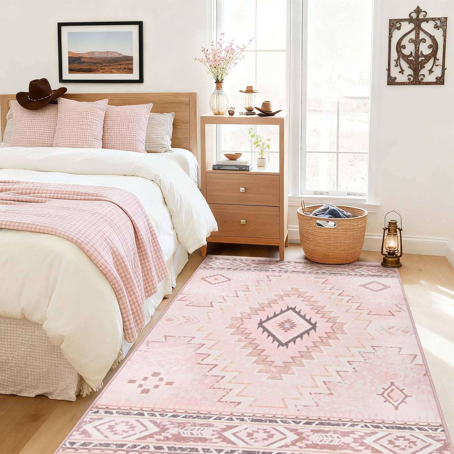 Yinhua Pink Entryway Rug 3x5, Western Washable Rug Low-Pile, Soft Moroccan Area Rugs Non-Slip with Rubber Backing, Stain Resistant Non-Shedding Carpet for Bedside Living Room