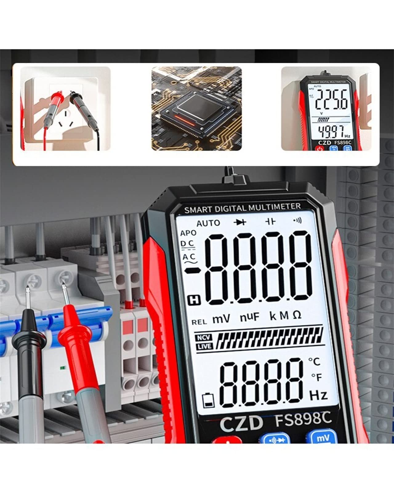 Outils de tests fonctionnels portables pour la mai Multimètre numérique rechargeable grand écran mesure automatique rétro-éclairage affichage LCD compteur de tension lampe de poche LED Test de résista
