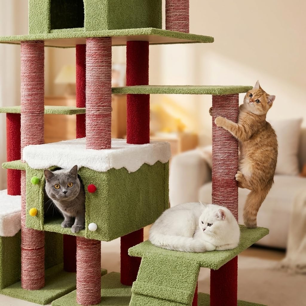 Extra Large 74-Inch Tall Cat Tree w/Widened Perch for Large Cats, Big Cat Tower Indoor, Modern Multi-Level Activity Tower with Scratching Posts, Condos, Baskets, Hammock, Scratching Ramps