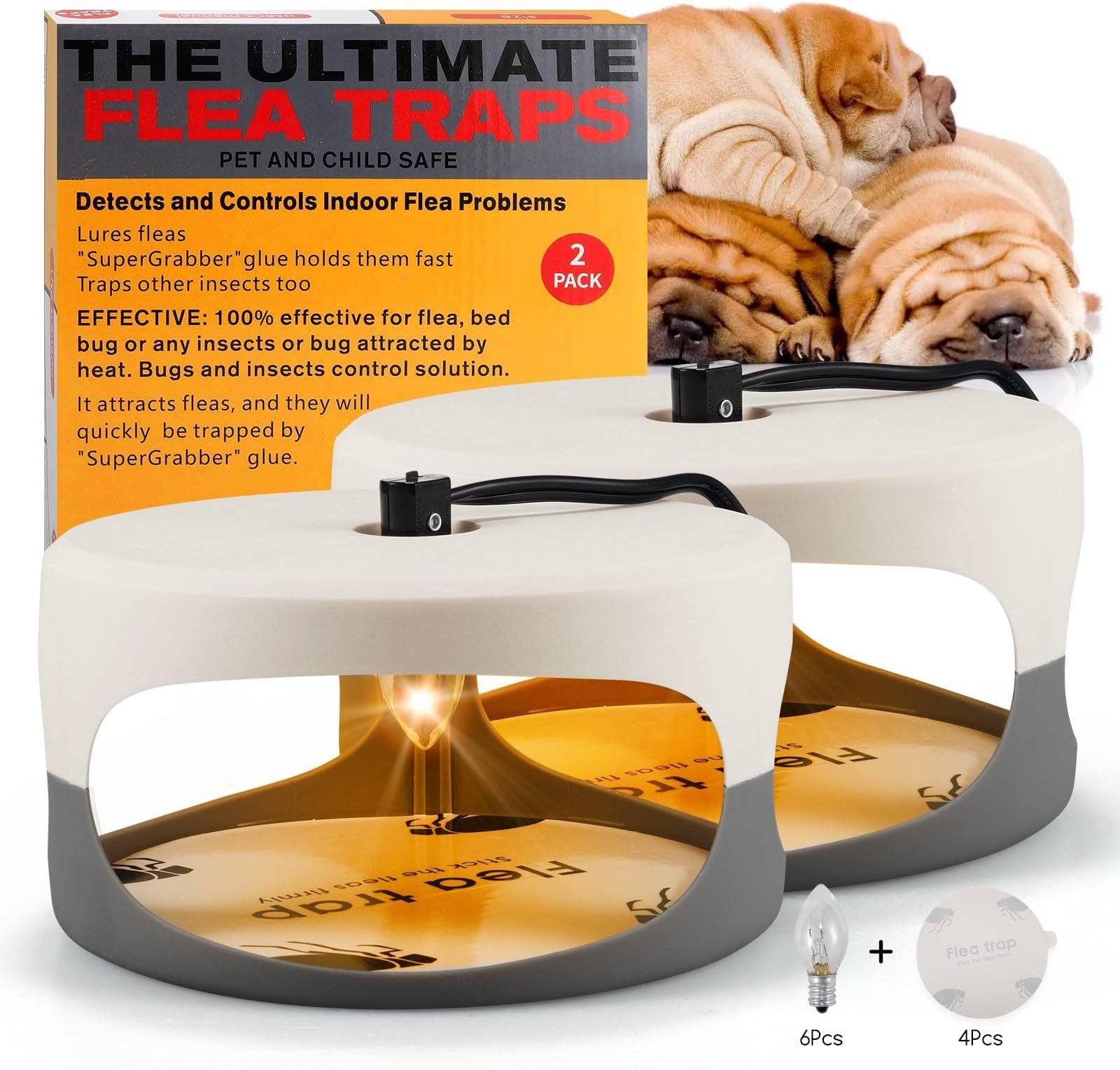 Flea Traps for Inside Your Home, 4 Sticky Disc & 6 Bulbs & 2 Electric Wires, Flea Killer Indoor Bed Bug Trap Pest Control, Professional Flea Light Trap, Friendly to Pets & Kids(2 Pack)