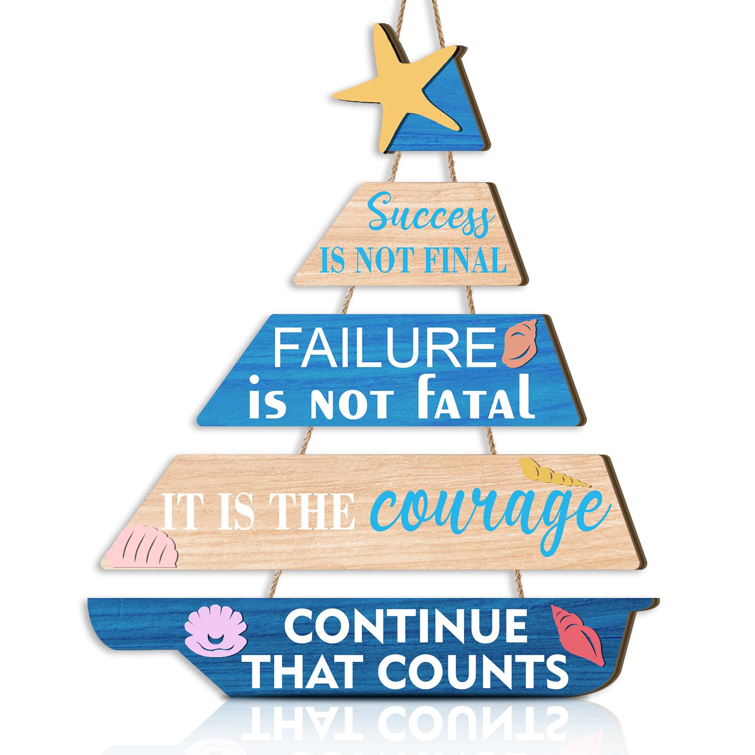 HPNIUB Coastal Wall Decor for Home, Beach Seashell Signs Ocean Themed Inspirational Wooden Sign Wall Art Ornaments, Sailing Boat Positive Quote Plaque for Living Room Bedroom Bathroom โ image 1