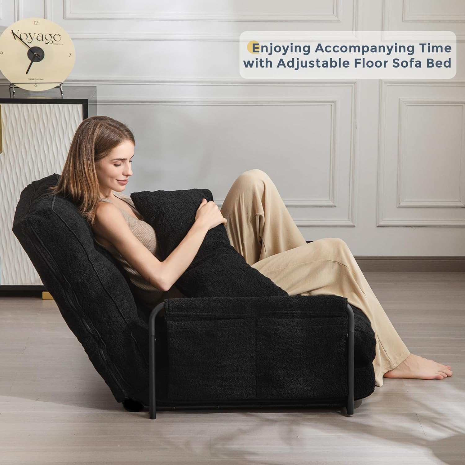 MAXYOYO Adjustable Floor Sofa Couch with Pillow, 5-Position Boucle Bean Bag Bed, Convertible Lazy Sofa Sleeper Bed with Armrest, Versatile Floor Seating Couch for Living Room Guest Room, Black, Single