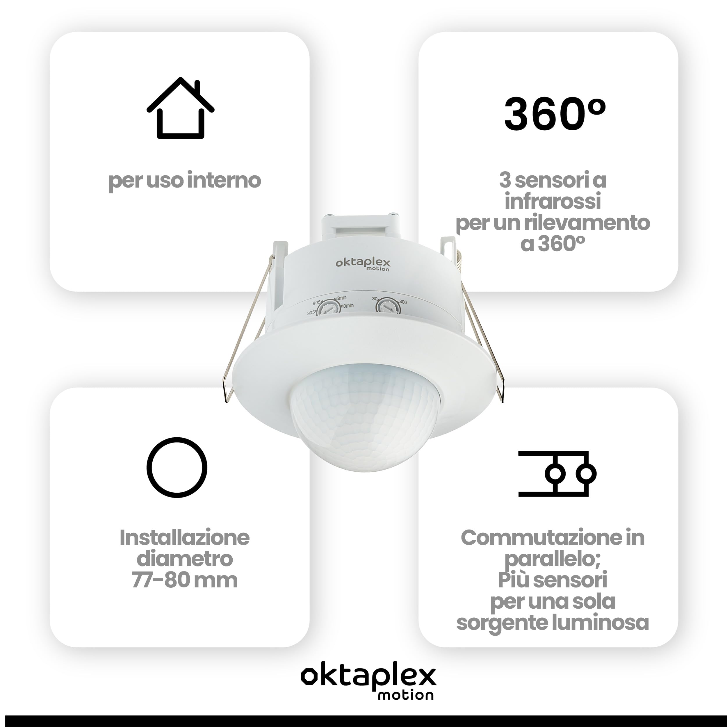 Oktaplex motion Sam - Set di 2 rilevatori di presenza da incasso a 360°, rilevatore di movimento a infrarossi, 230 V, sensore di presenza, da incasso, interno bianco