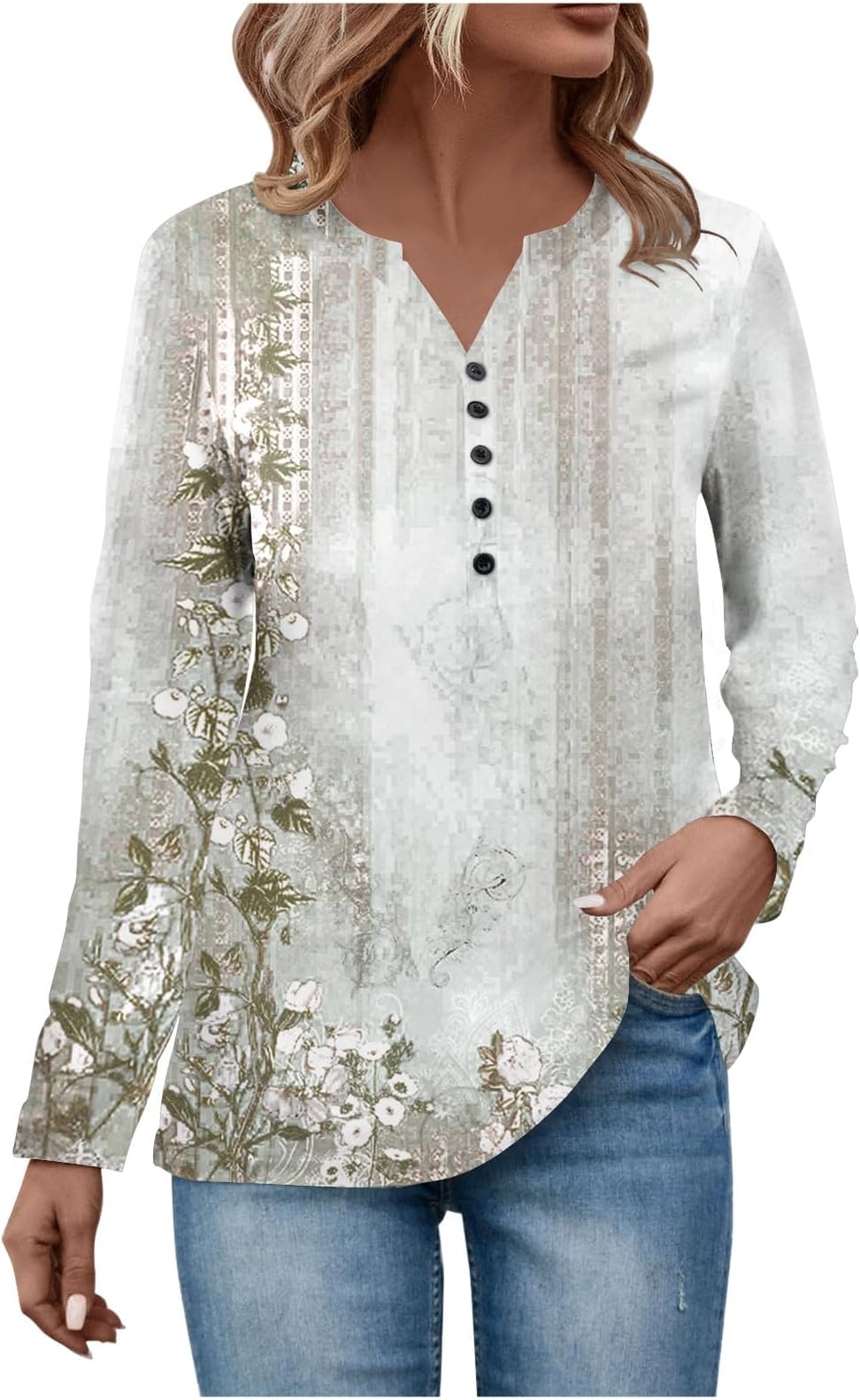 GOFULYTee Shirts Womens Fall Ethnic Floral Baggy Bohemian Tops Long Sleeve Henley Neck V Neck Button Down Shirts Sweatshirt