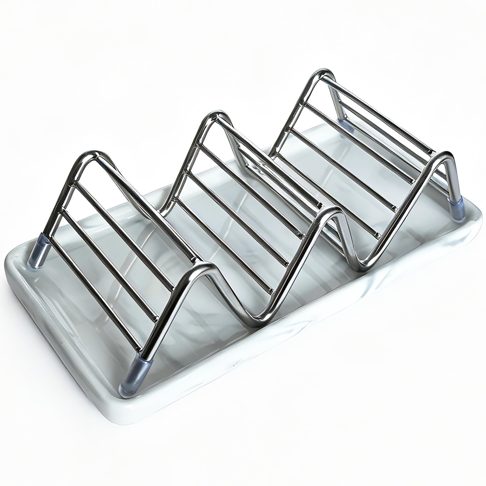 Jabonera, barra de ducha autodrenante de acero inoxidable con bandeja de cerámica, ahorrador de jabón estilo W para baño, fregadero, cocina y encimera (textura gris)
