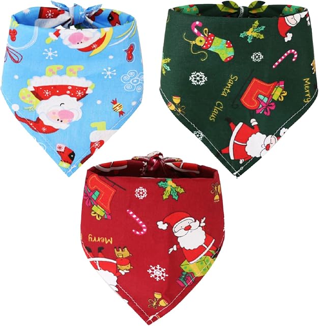 Christmas Dog Bandanas, 3 Pack Christmas Pet Scarf Xmas Dog Santa Outfits Triangle Bibs, Pets Costume Accessories Bow Ties Decoration for Small Medium Dogs Cats
