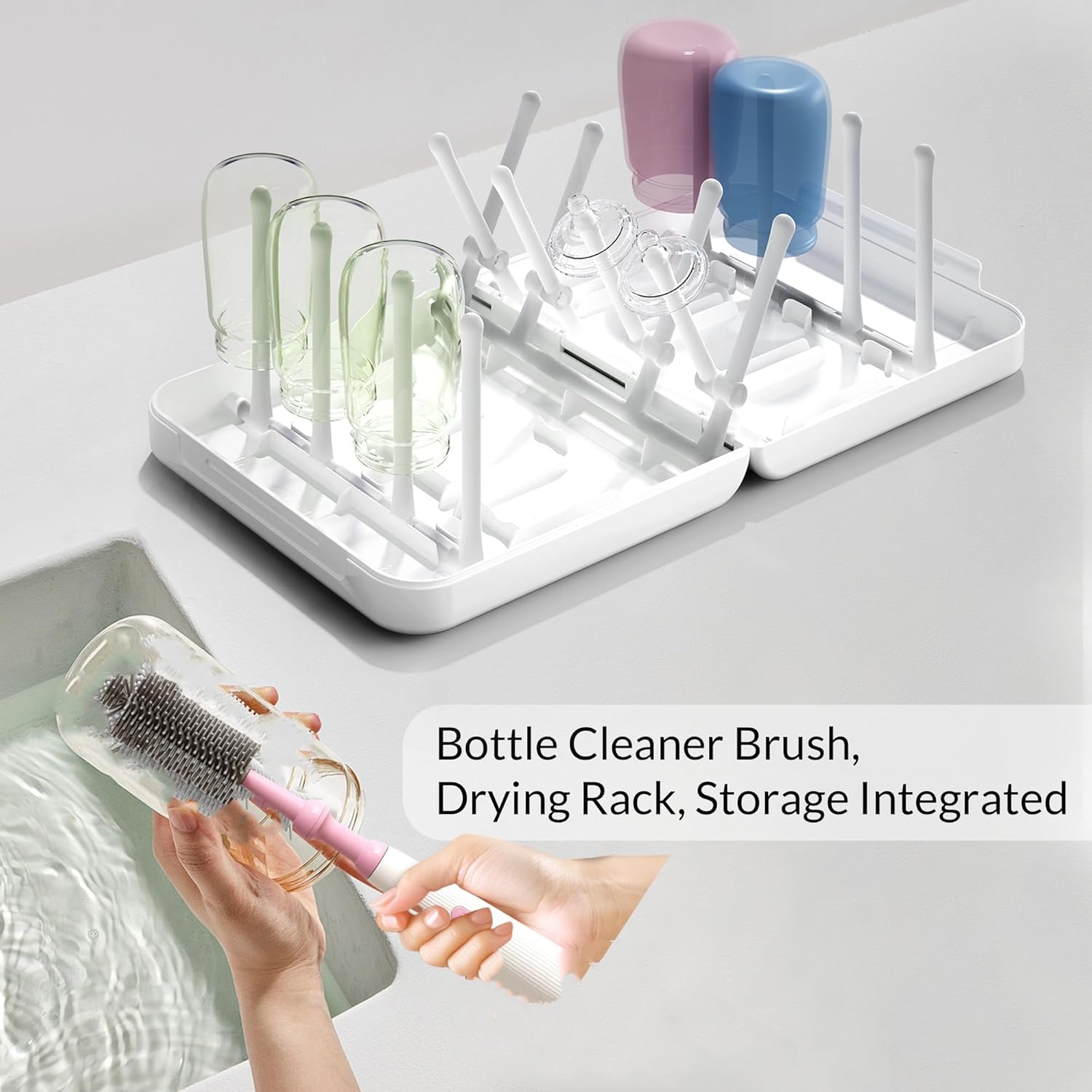 Powerful Electric Baby Bottle Brush Cleaner Set,Complete with Silicone Bottle/Nipple/Gap/Straw Brushes,Plus a Dispenser and Foldable Drying Rack,Effort Electric Cleaning Brush,Portable Travel Set - Image 4
