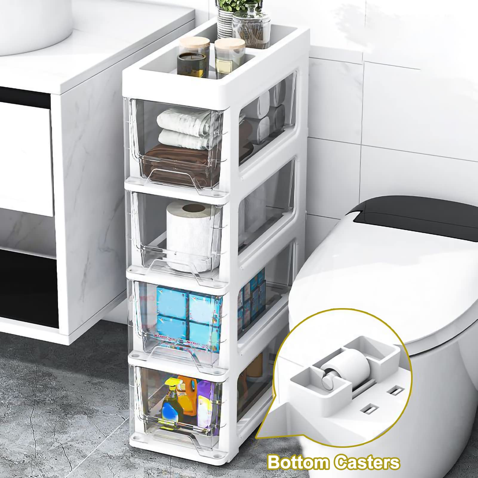 Cajones de almacenamiento apilables Gabinete de almacenamiento de piso de baño, 18 cm (7 pulgadas) Gabinete de almacenamiento de Papel higiénico Delgado de plástico indep